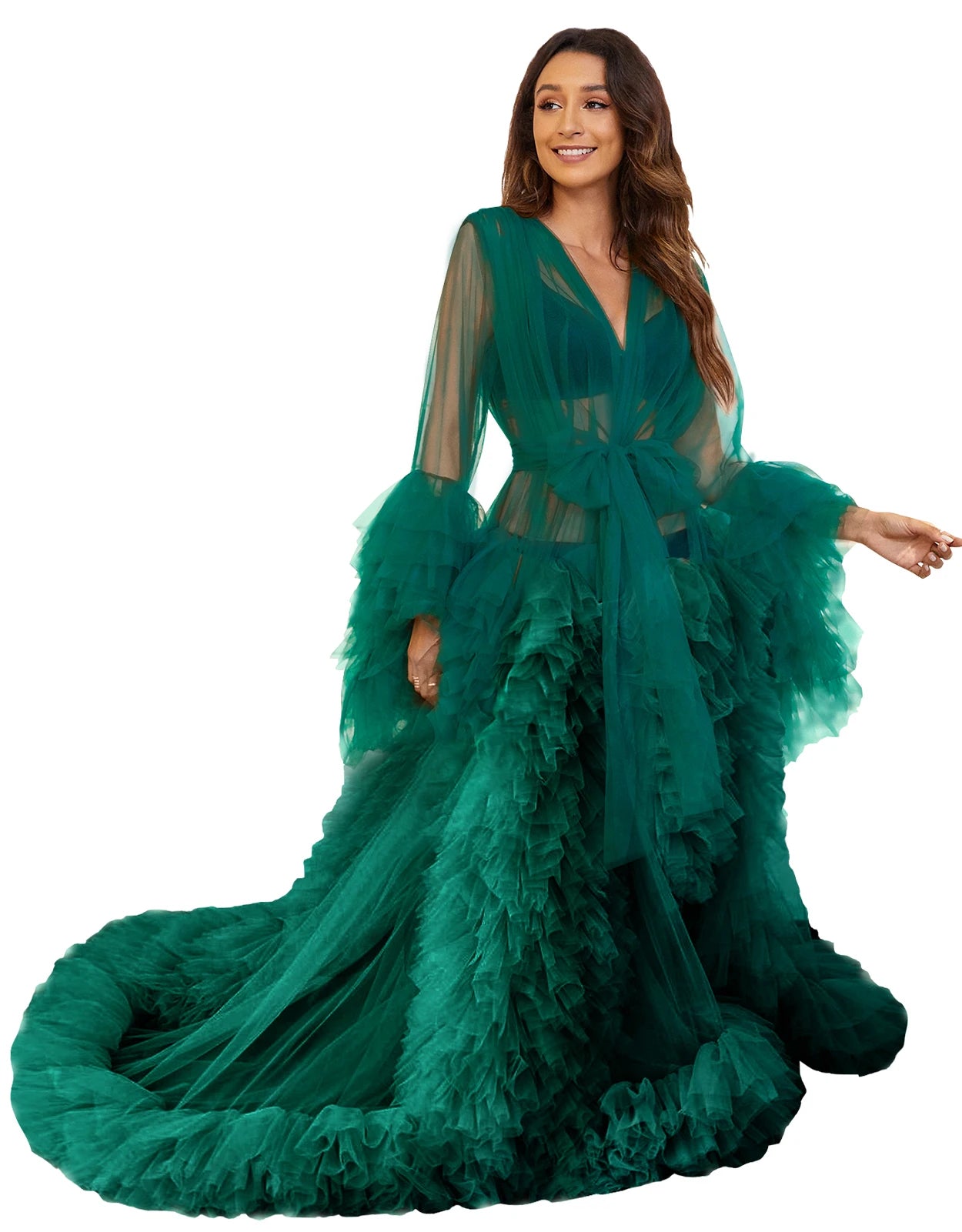 Voluminous Illusion Tulle Ruffle Long Robe Dressing Gown