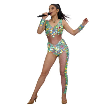 Asymmetrical Sequined Rhinestone Bodysuit & Single Legging Catsuit Stage Costume