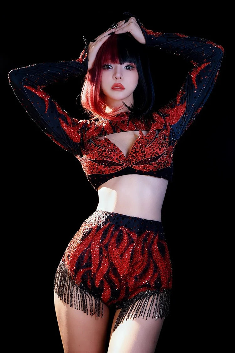Crimson Red Crystal Cutout Crop Top & Shorts 2-Piece Stage Dance Costume Set