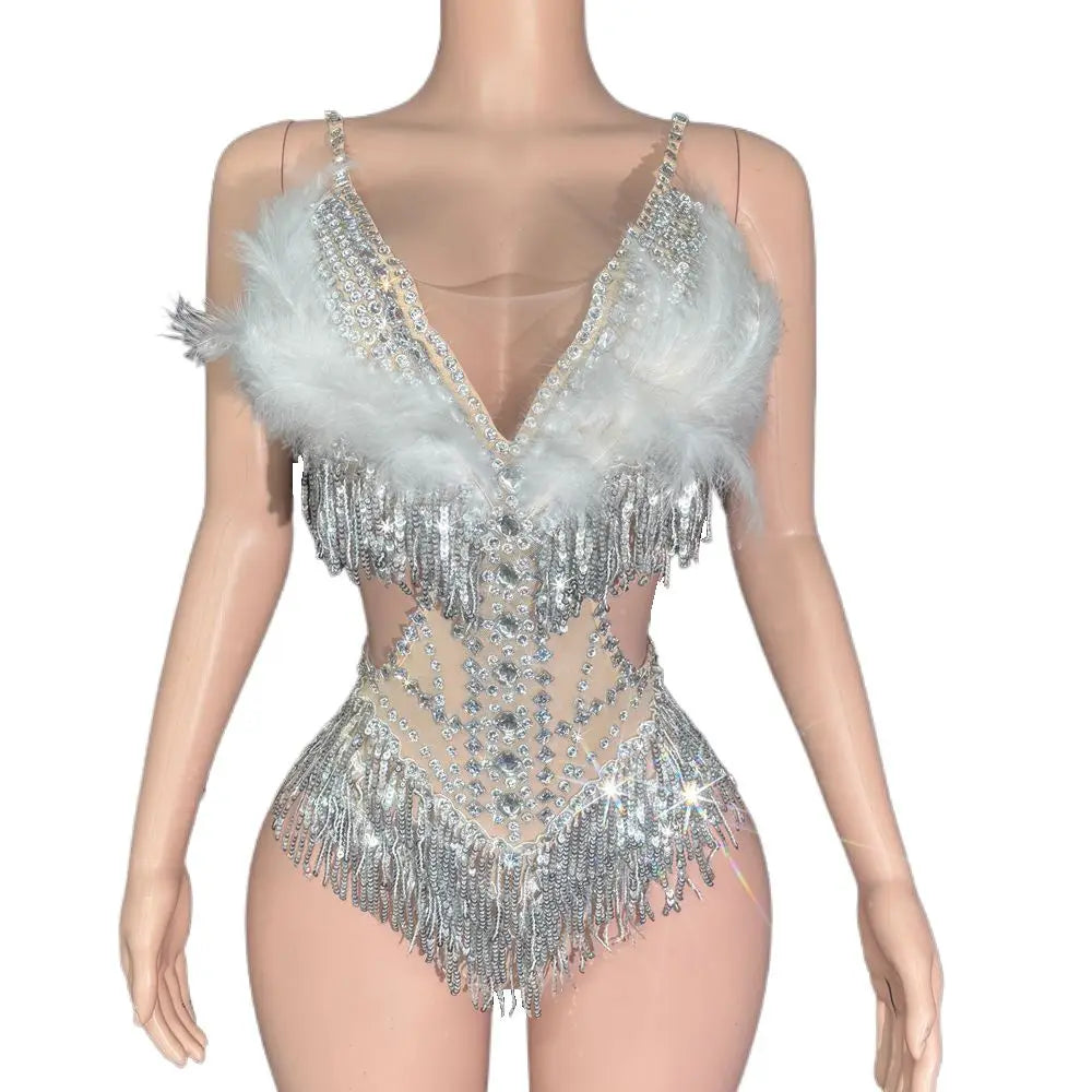 Sparkly Rhinestone Sequin Feather Bodysuit Showgirl Stage Performance Leotard