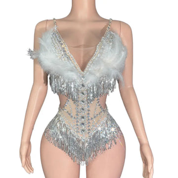 Sparkly Rhinestone Sequin Feather Bodysuit Showgirl Stage Performance Leotard