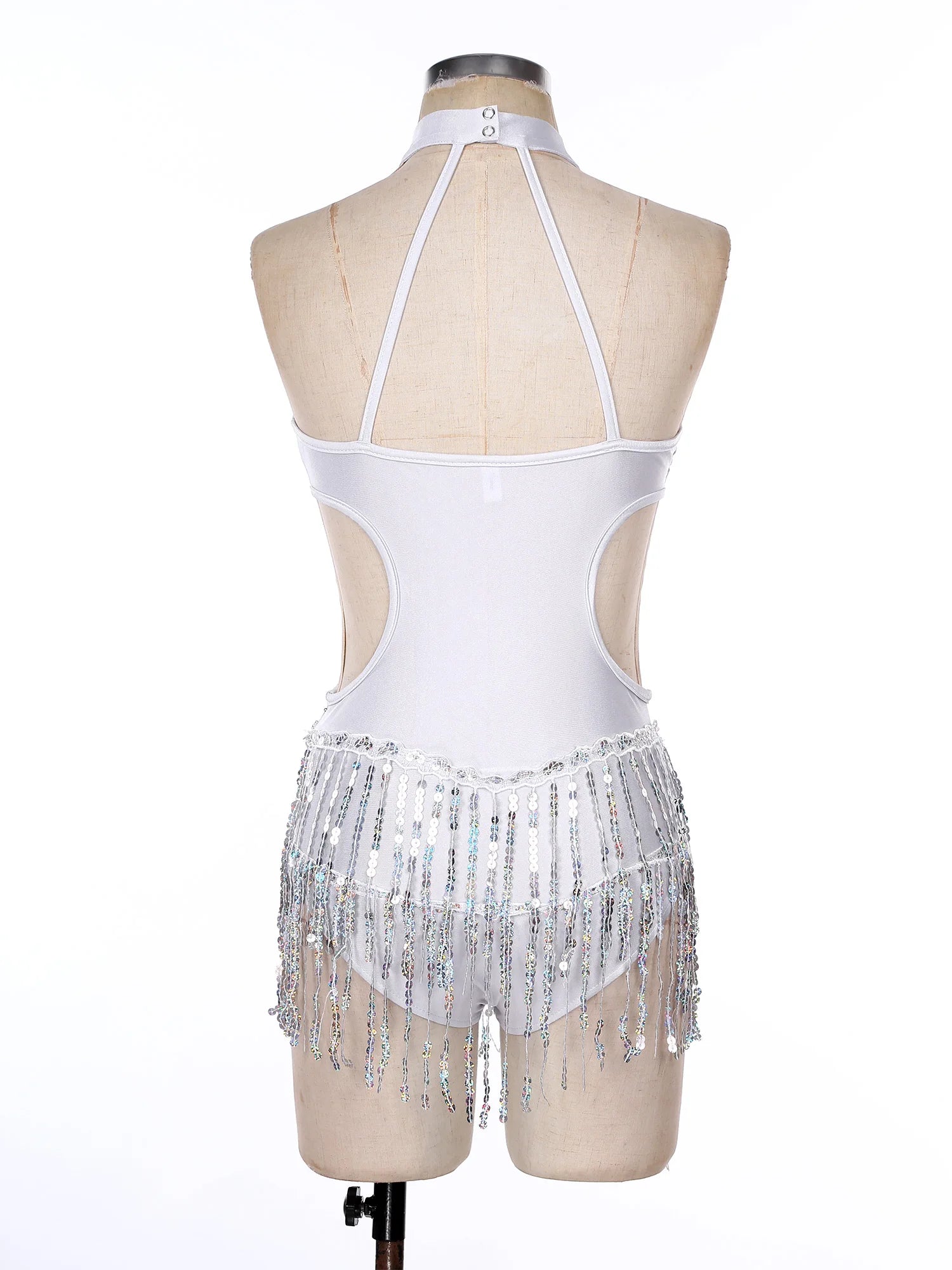 Sequined Fringe Latin Dance & Figure Skating Jumpsuit Leotard Set with Mesh Gloves