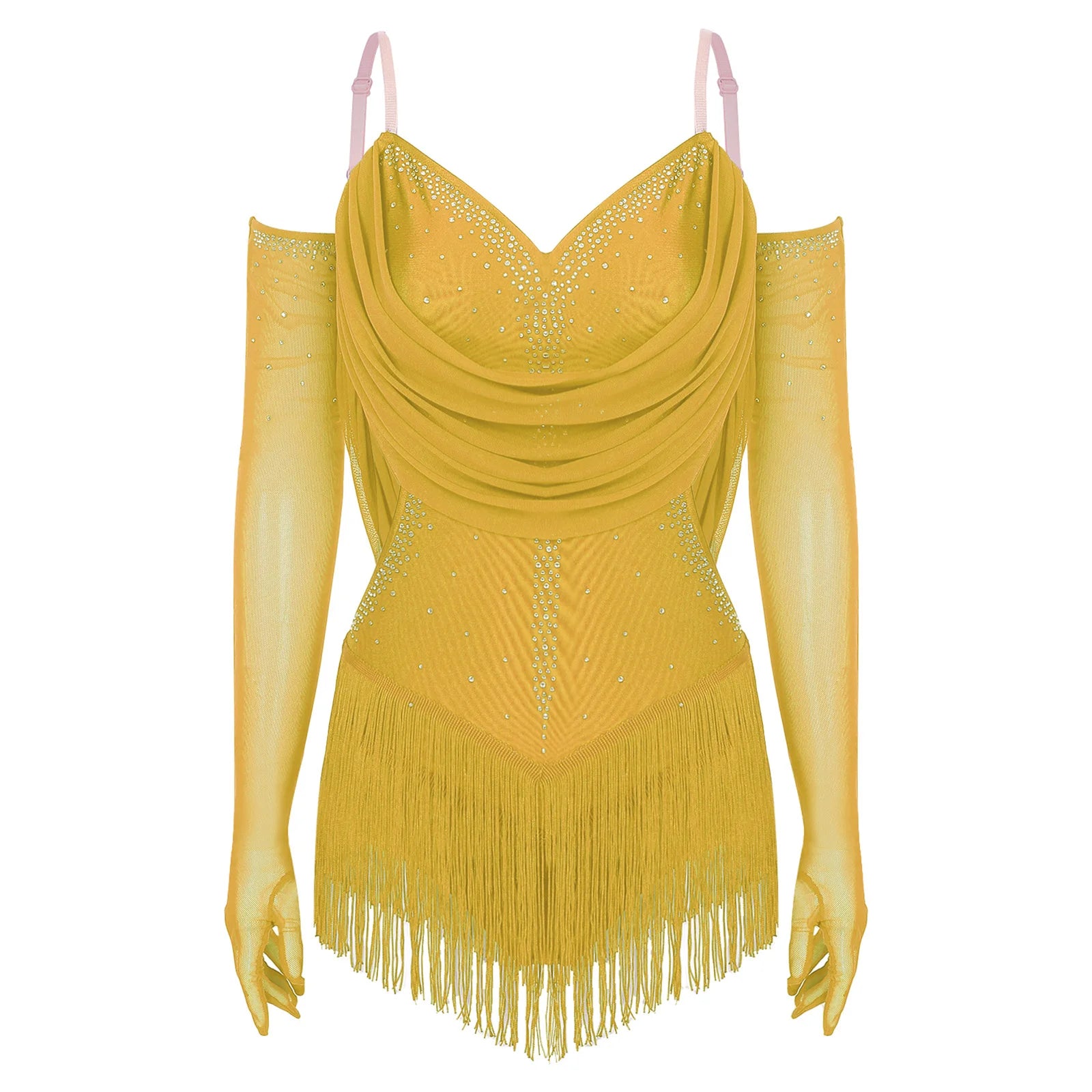 Sparkly Rhinestone & Tassel Fringe Dance Leotard with Gloves Two-Piece Stage Costume