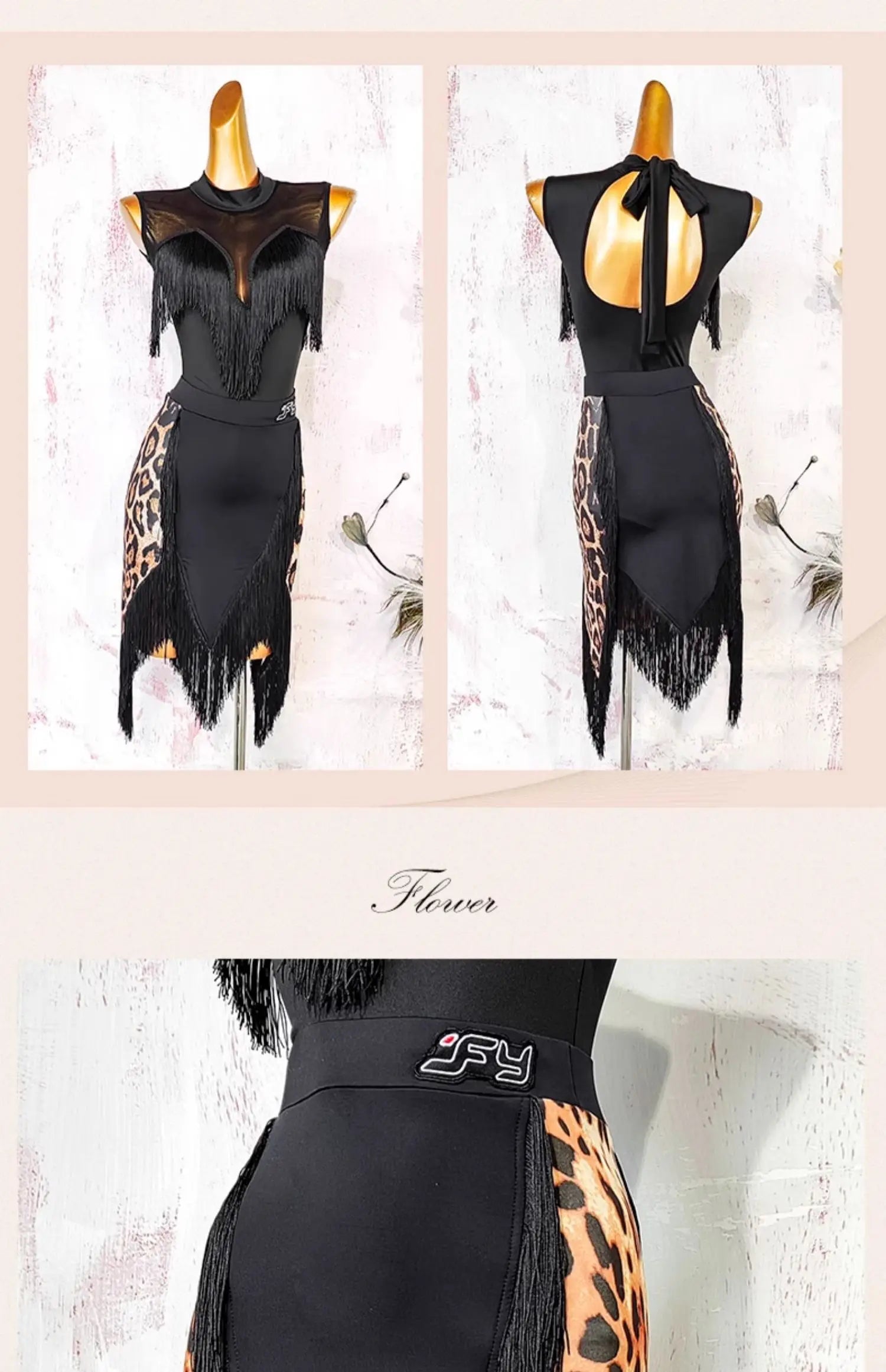 Black Open-Back Leotard & Leopard Print Fringe Skirt Latin Dance Costume Set
