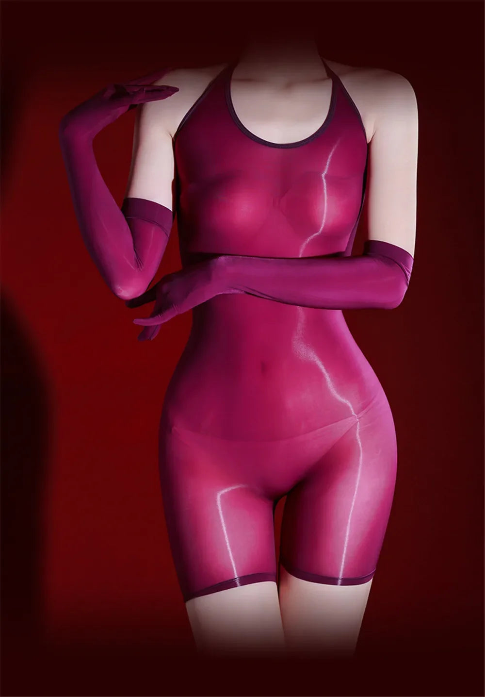 Women 5D Thin Oil Shiny Smooth Bodysuit Stripe Sleeveless Elastic Tights Yoga Shaping Backless Playsuit Maid Leotard With Glove