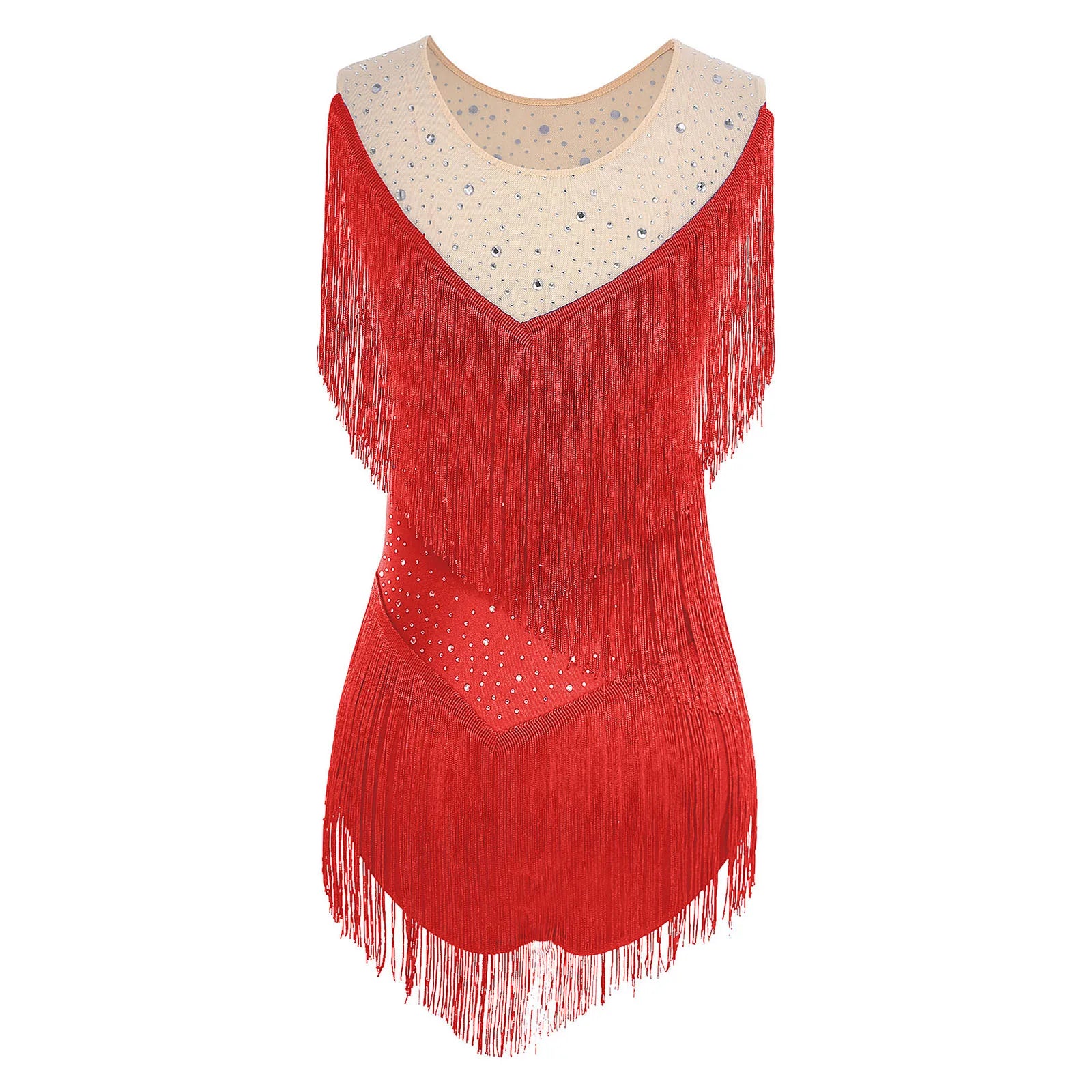 Sparkly Rhinestone & Tassel Fringe Latin Dance Leotard Crew Neck Bodysuit