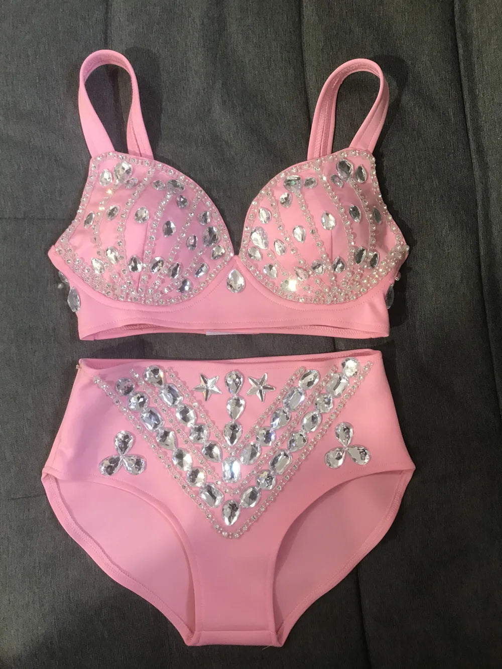 Rhinestone Bikini Bra & High-Waist Shorts 2-Piece Performance Costume Set