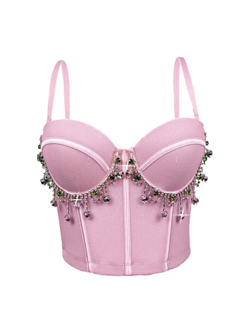 Mesh Bustier Corset Crop Top Diamond Embroidery Tassel Evening Party Bralette