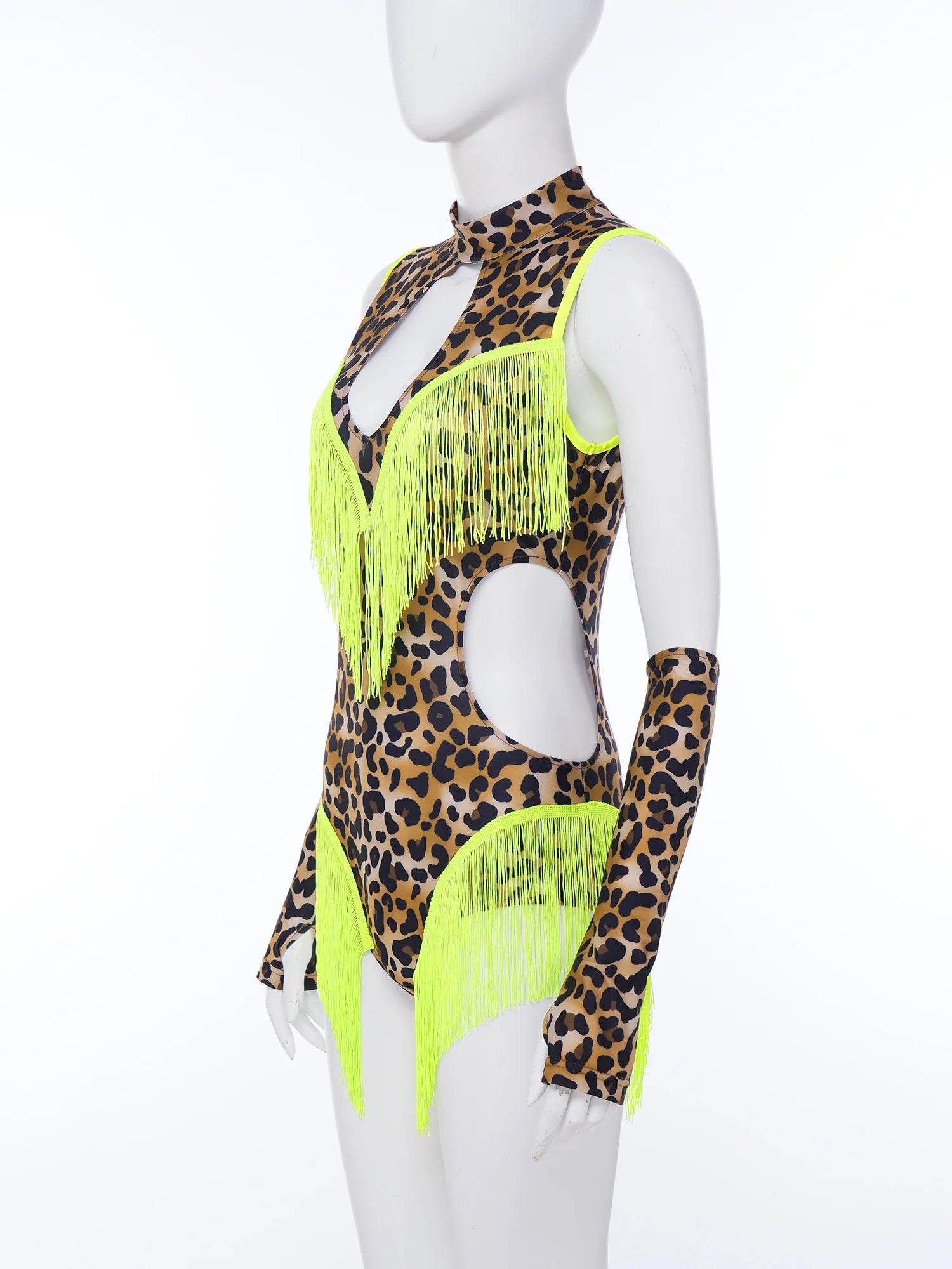 Leopard Cutout Bodysuit & Fringe Sleeves 2-Piece Latin Ballroom Stage Costume Set