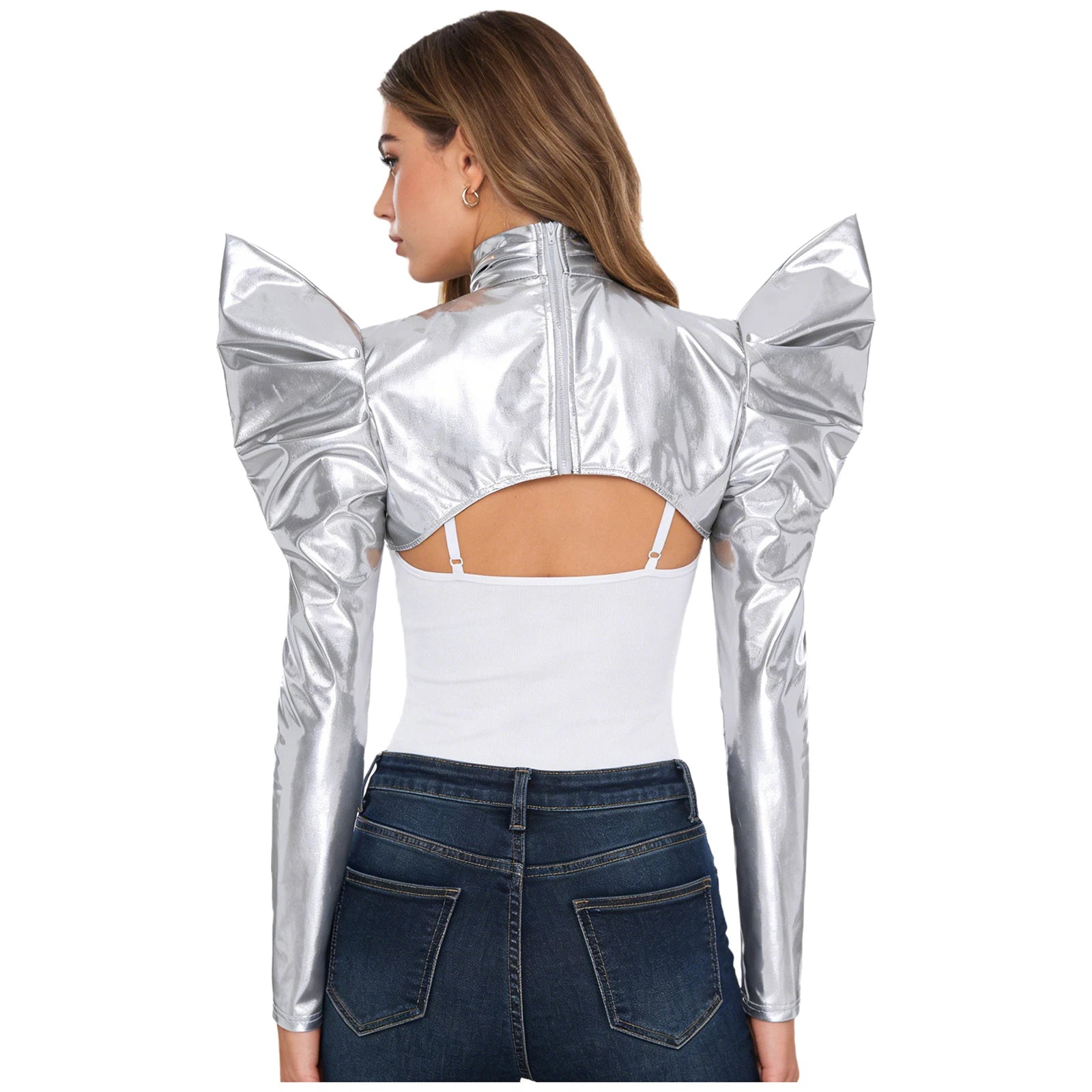 Metallic Shoulder Armor Shrug Crop Top & Sleeves Futuristic Pauldron Stage Costume