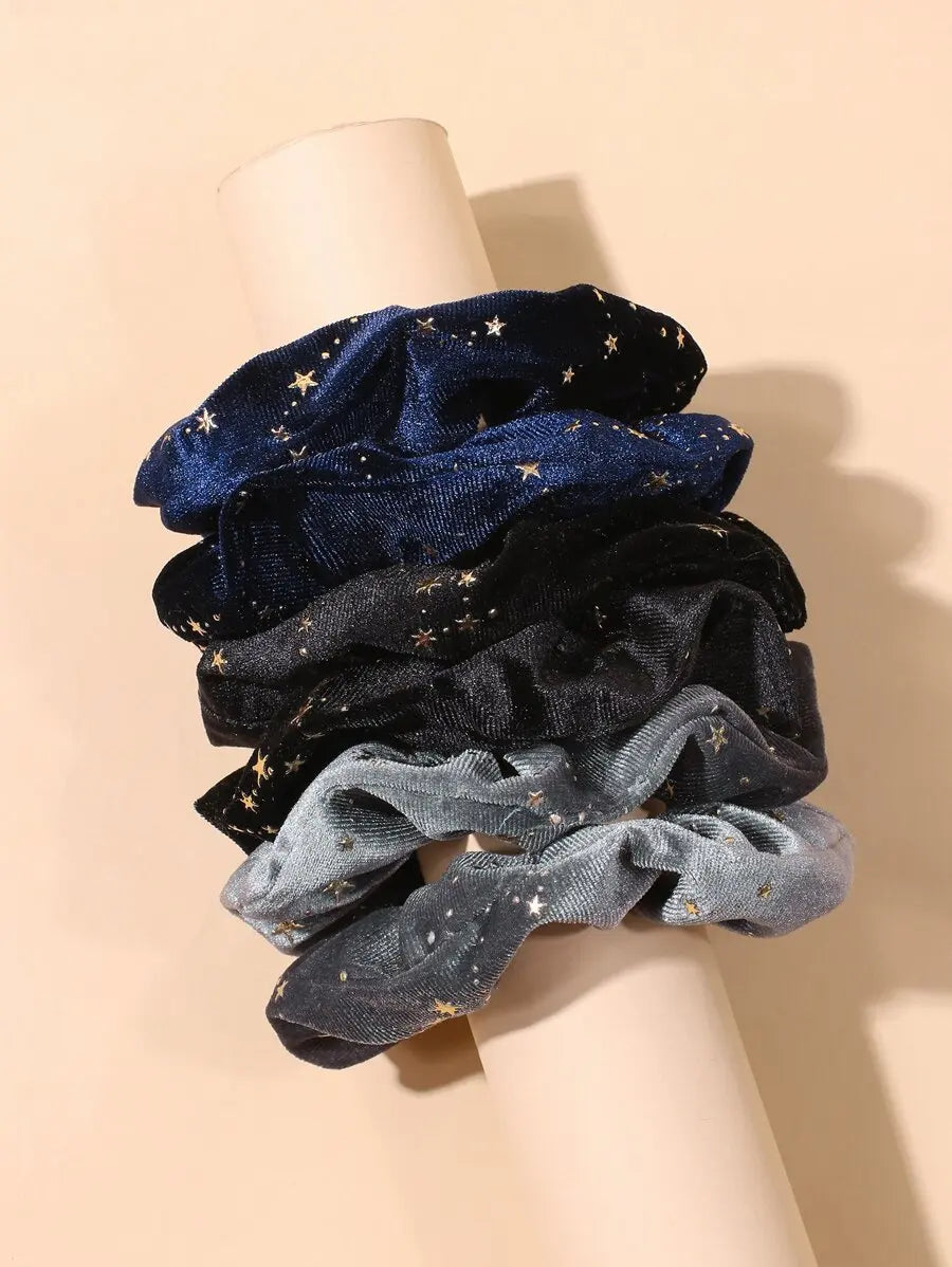 Vintage-Inspired Velvet Gold Star Hair Scrunchies 6-Piece Set