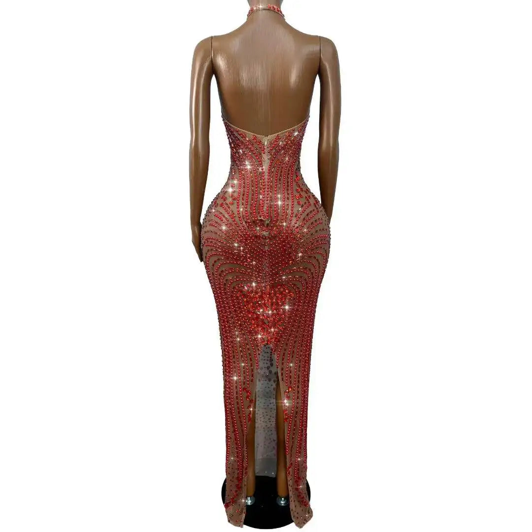 Women's Rhinestone Backless Halter Dress | Shining Red & Silver Gown for Wedding, Birthday & Stage
