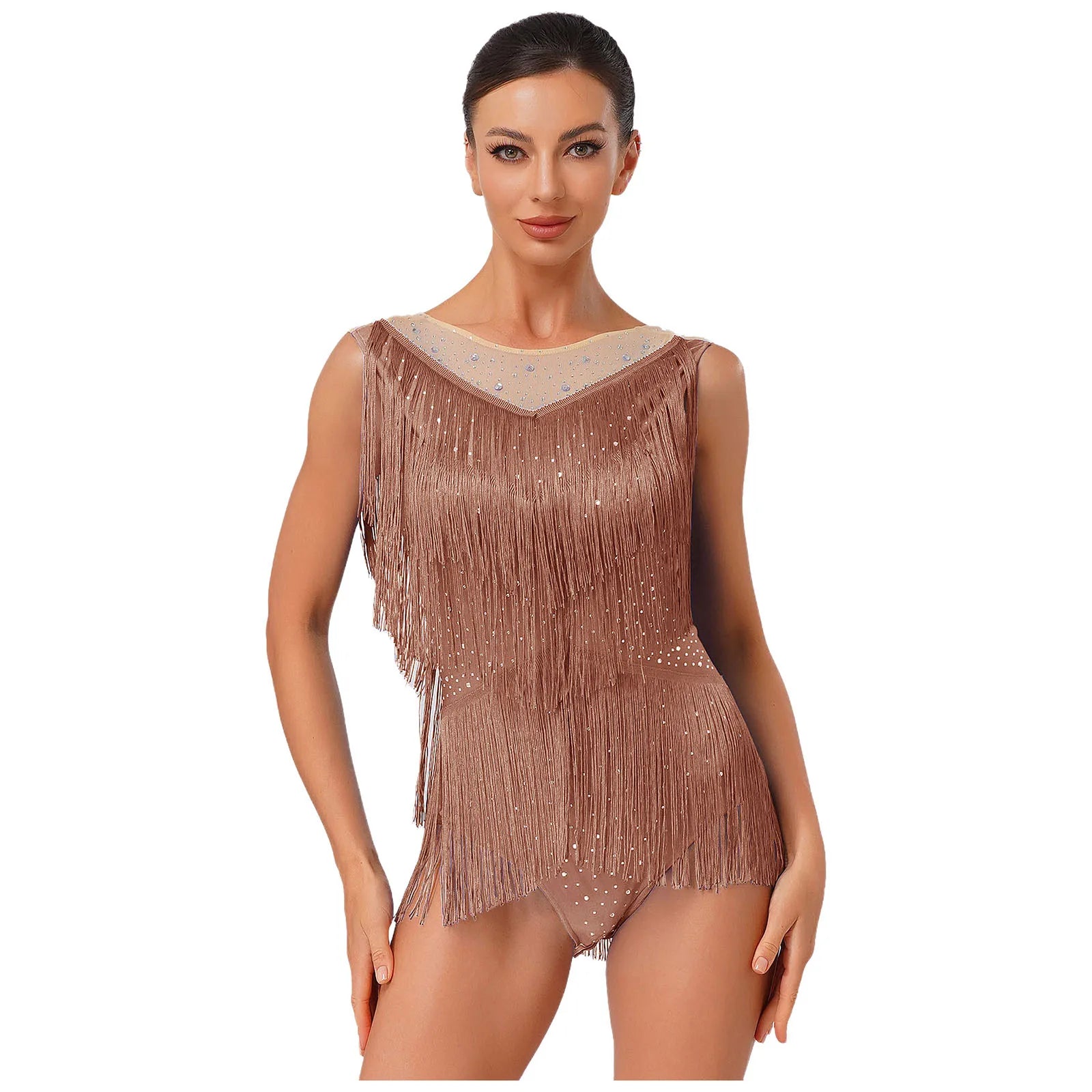 Sparkly Rhinestone & Tassel Fringe Latin Dance Leotard Crew Neck Bodysuit