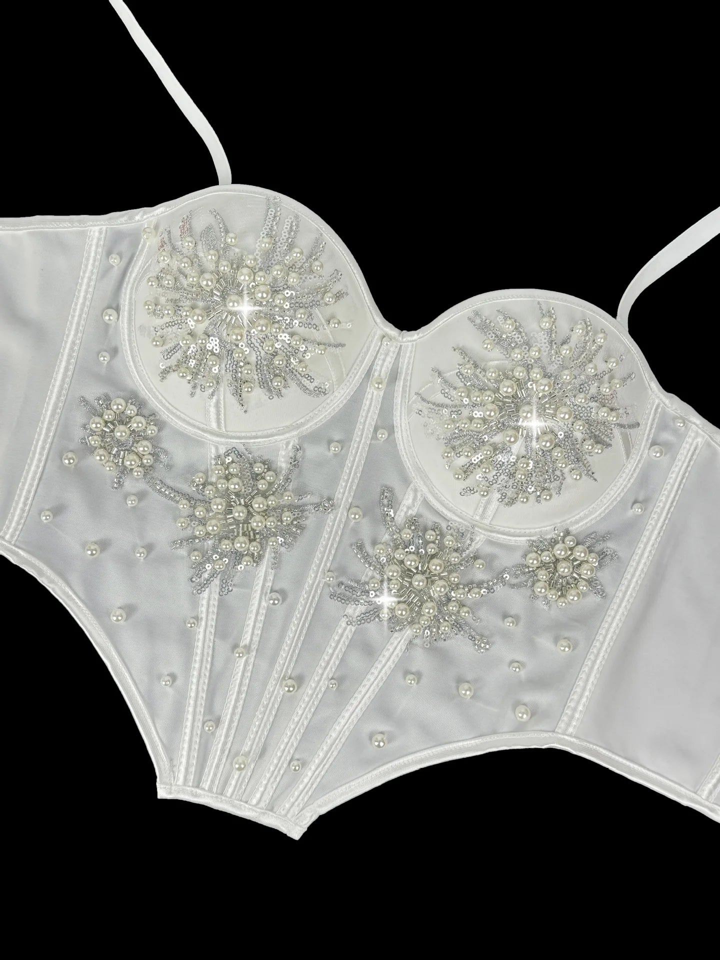 Pearl & Sequin Embroidered Floral Bustier Corset Top Asymmetric Camisole Bralette