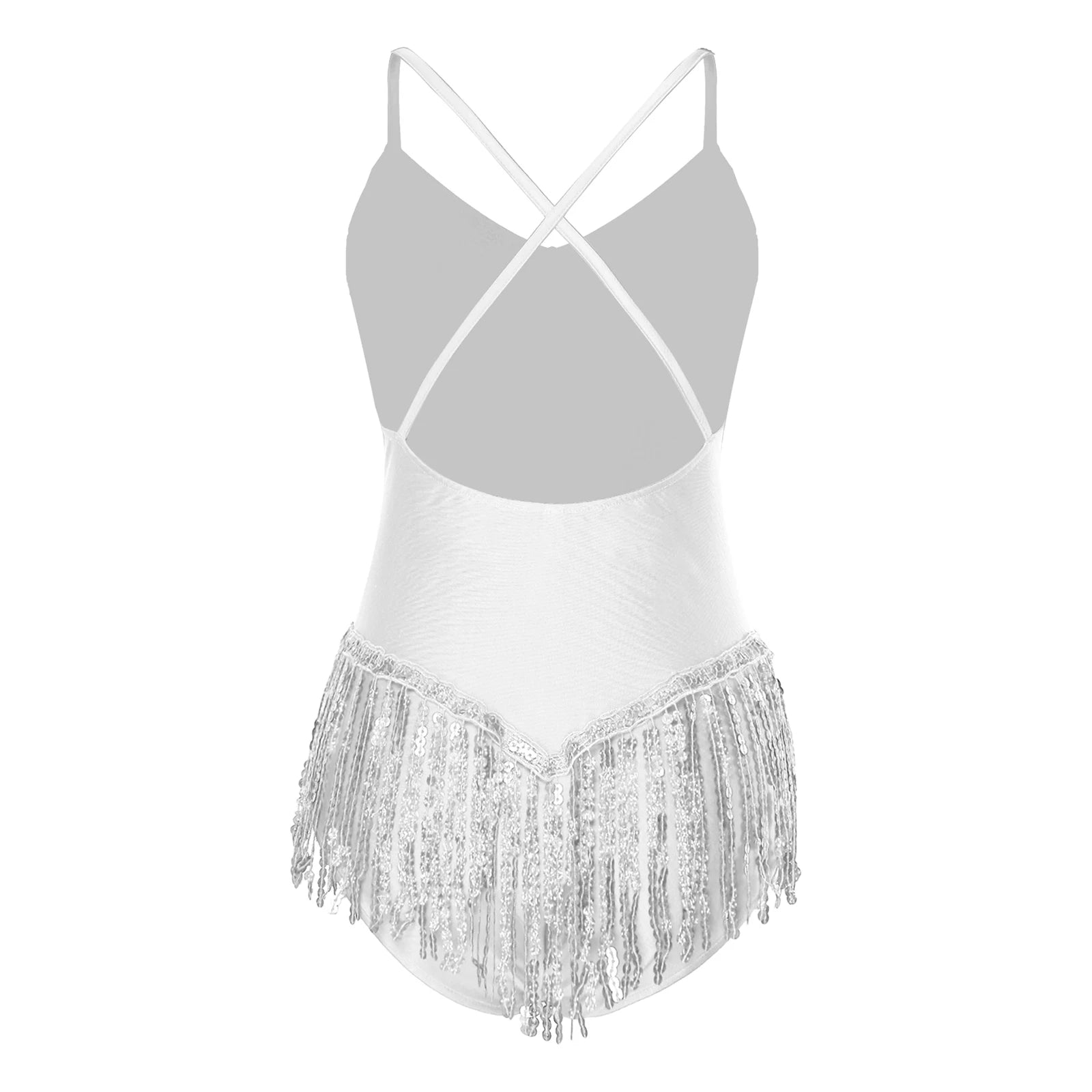 Sequins Fringed Cross Back Latin Dance Leotard Sleeveless V-Neck Bodysuit
