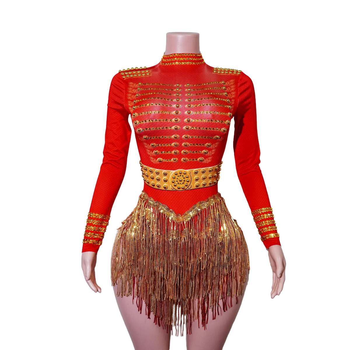 Red Ringmaster Circus Costume for Women | Gold Fringe Leotard for Stage & Dance