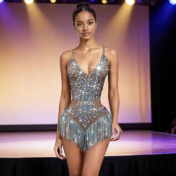 Black Rhinestone Mesh Performance Mini Dress