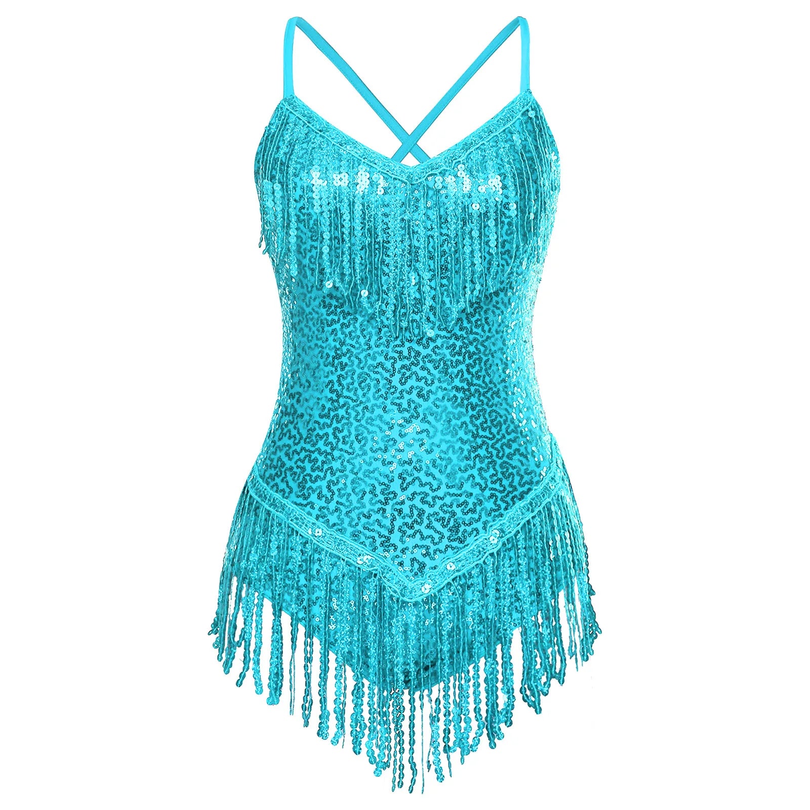 Sequins Fringed Cross Back Latin Dance Leotard Sleeveless V-Neck Bodysuit