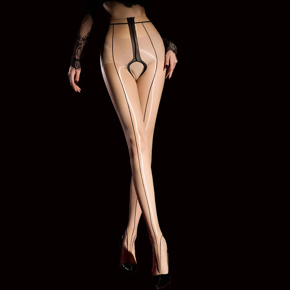 6D 912-Pin Heart Hollow-Out Sheer Oil Glossy Shaping Pantyhose Shiny Tights