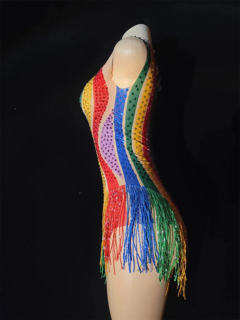 Rainbow Stripe Rhinestone Fringe Bodysuit Colorful Crystal Stage Dance Leotard