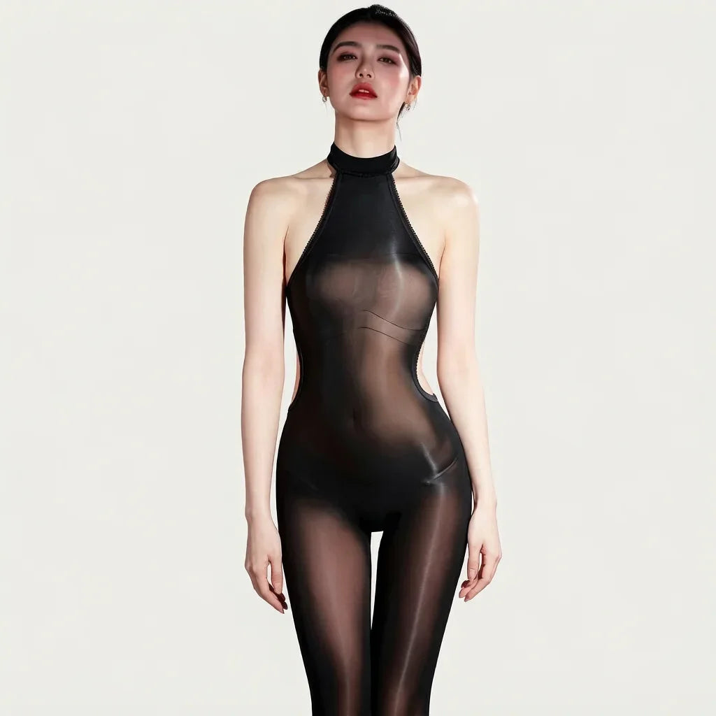 5D 912 PIN Backless Halter Bodysuit Women Backless Jumpsuit Oil Shiny Glossy Elastic Yoga Shaping  Tights Maid Party Leotard