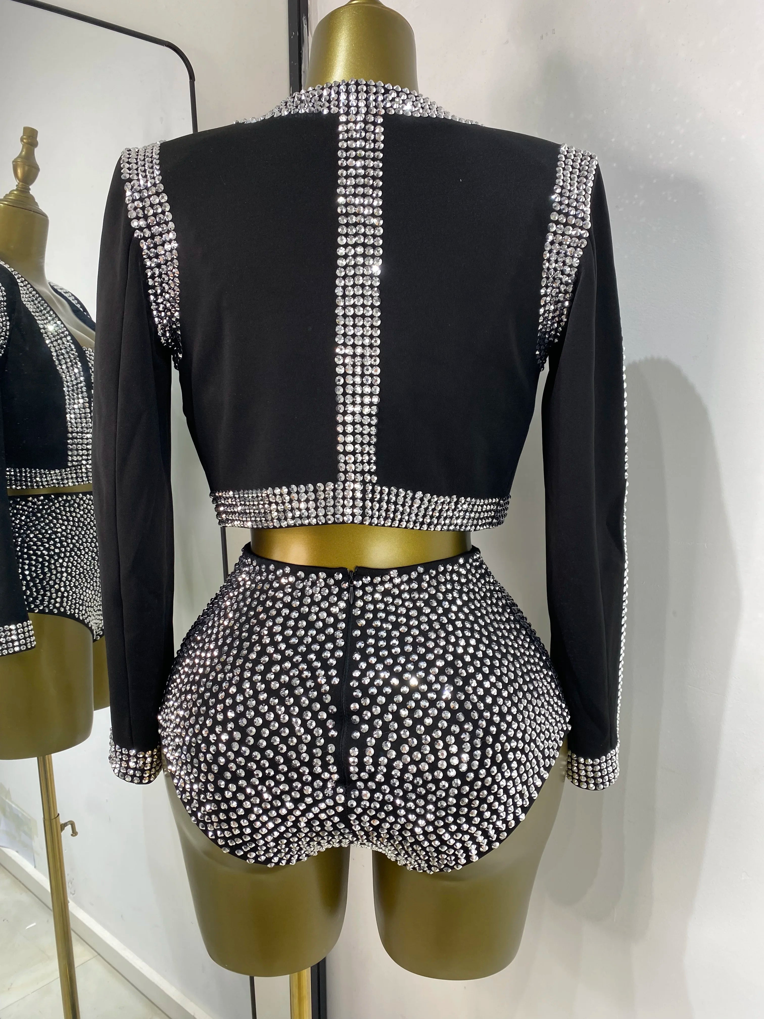 Rhinestone Bustier, High-Waist Mini Shorts & Cropped Jacket 3-Piece Performance Costume Set