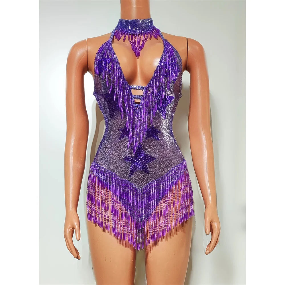 Royal Purple Rhinestone Fringe Bodysuit & Statement Hat Stage Performance Dance Costume Set