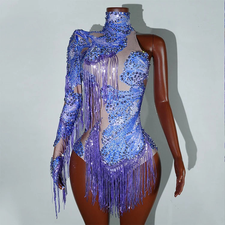 Leopard Sequin Fringe Asymmetrical Bodysuit One-Sleeve Stage Performance Costume