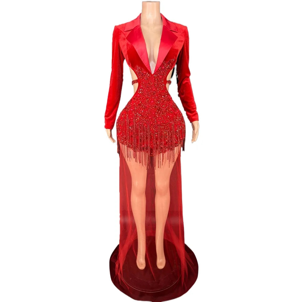 Sparkly Red Rhinestone Sheer Mesh Long Evening Gown Stage Performance Costume