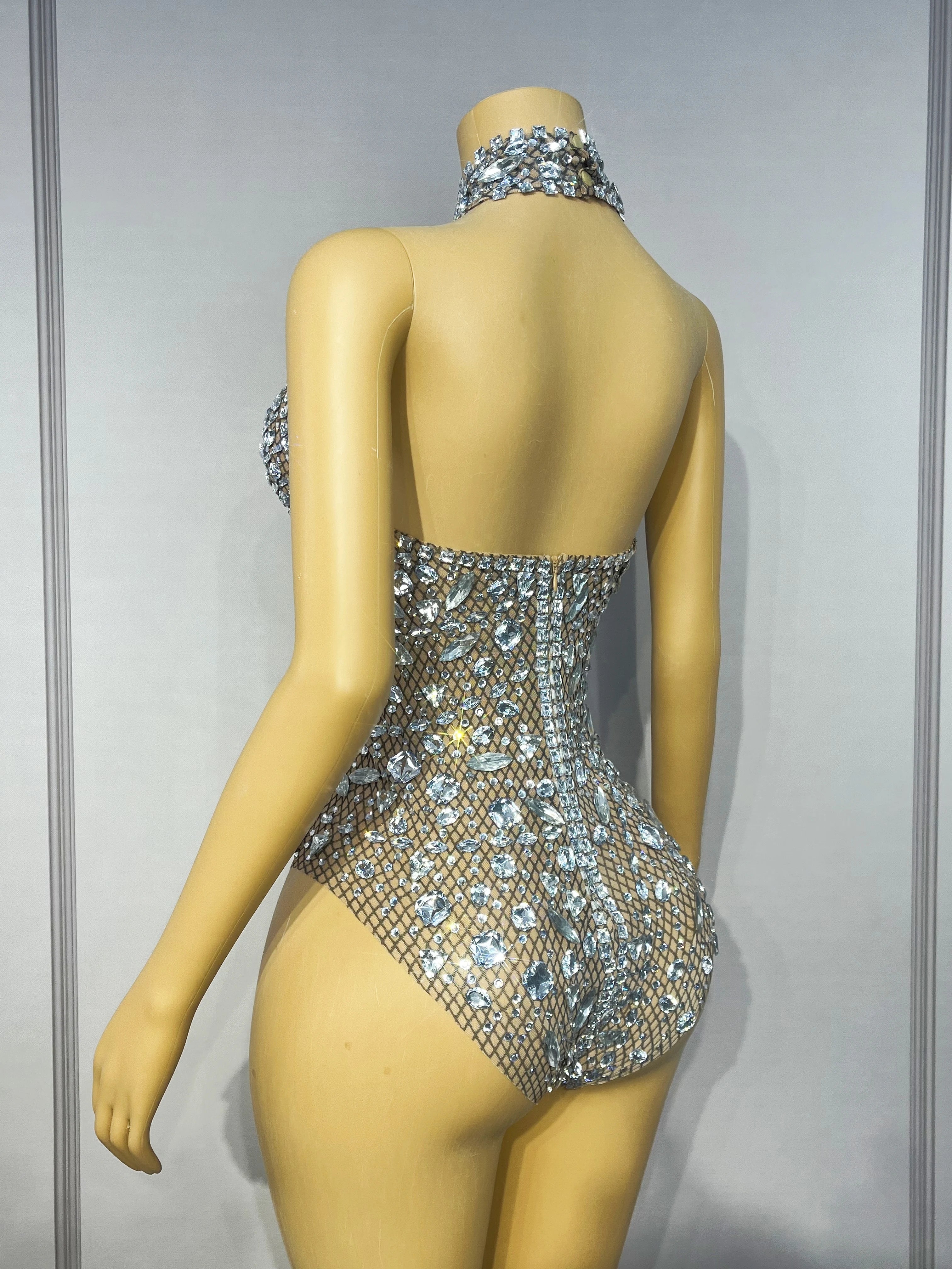 Silver Rhinestone High-Cut Backless Stage Bodysuit Dance Performance Leotard