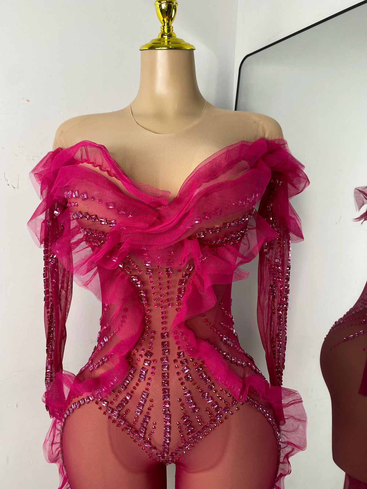 Sparkly Diamonds Women Long Sleeve See Through Mesh Tight Jumpsuit Costume Nightclub Dancer Outfit Performance Stage Wear