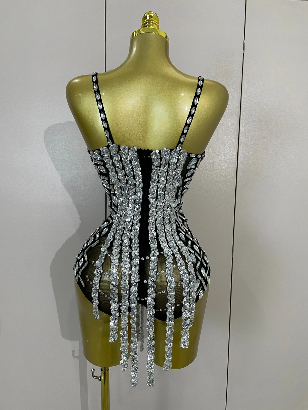 Rhinestone Long Tassel Mesh Bodysuit