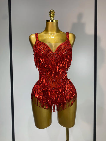 Sparkly Rhinestone Tassel Backless Mesh Bodysuit Luxury Stage Performance Costume
