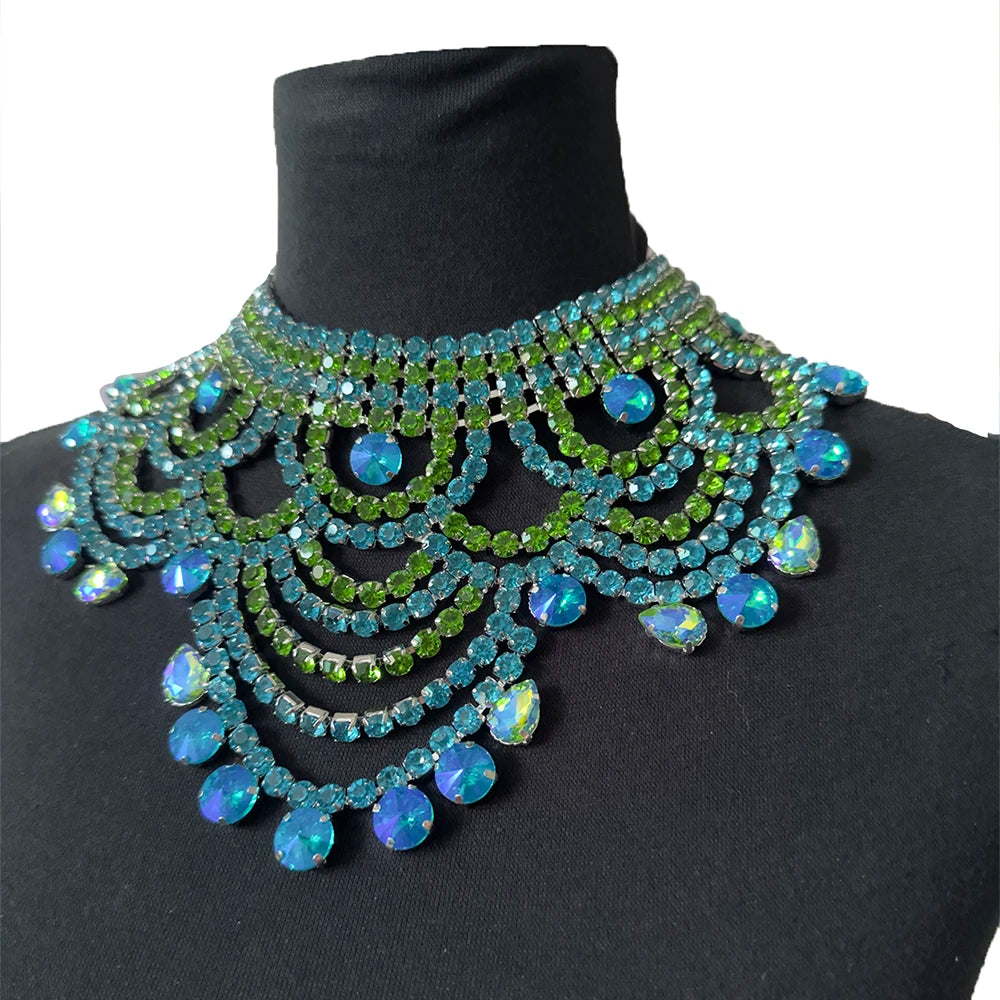 Oversized Aqua & Light Green Crystal Rhinestone Choker Drag Queen Pageant Necklace