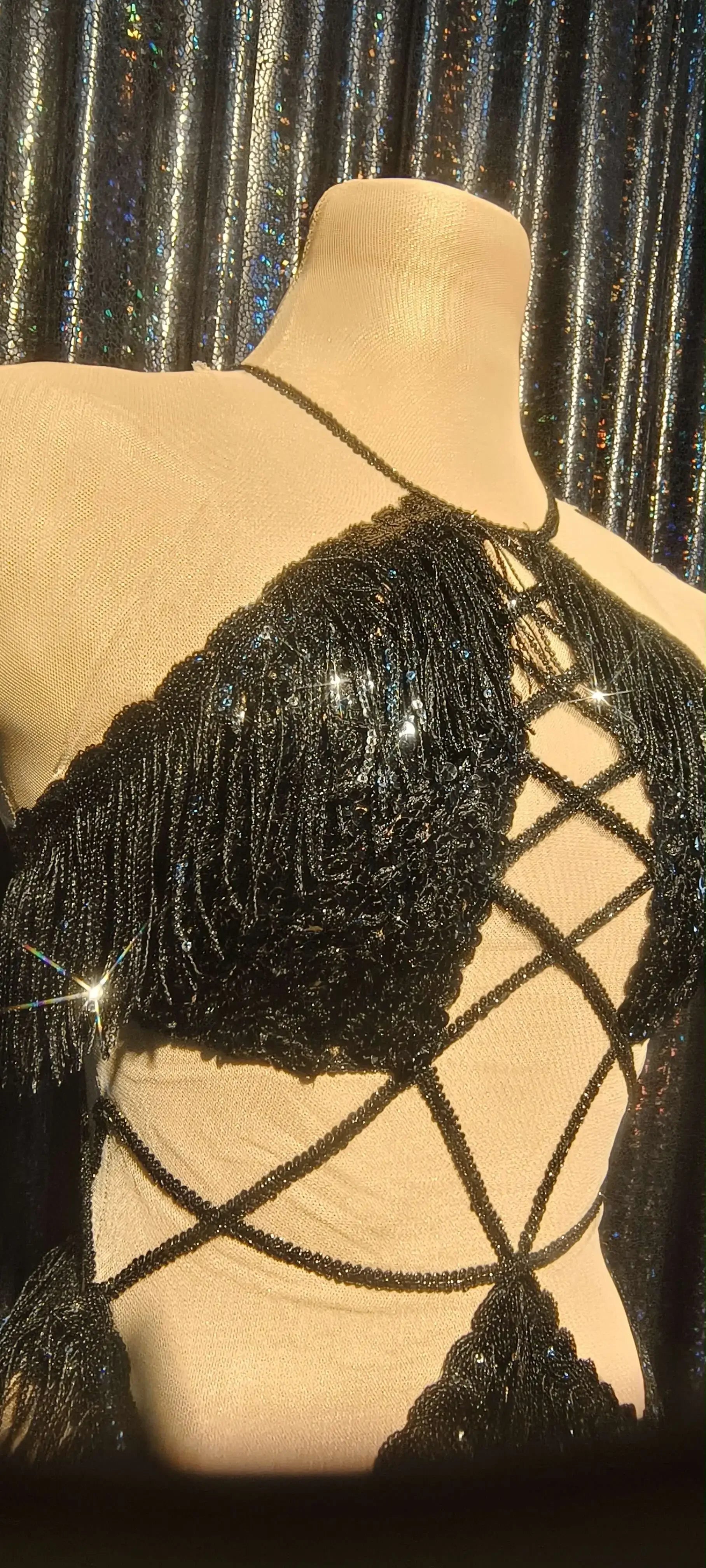 Black Sequin Cutout Fringe Mini Dress Crisscross Strappy Gogo Stage Costume