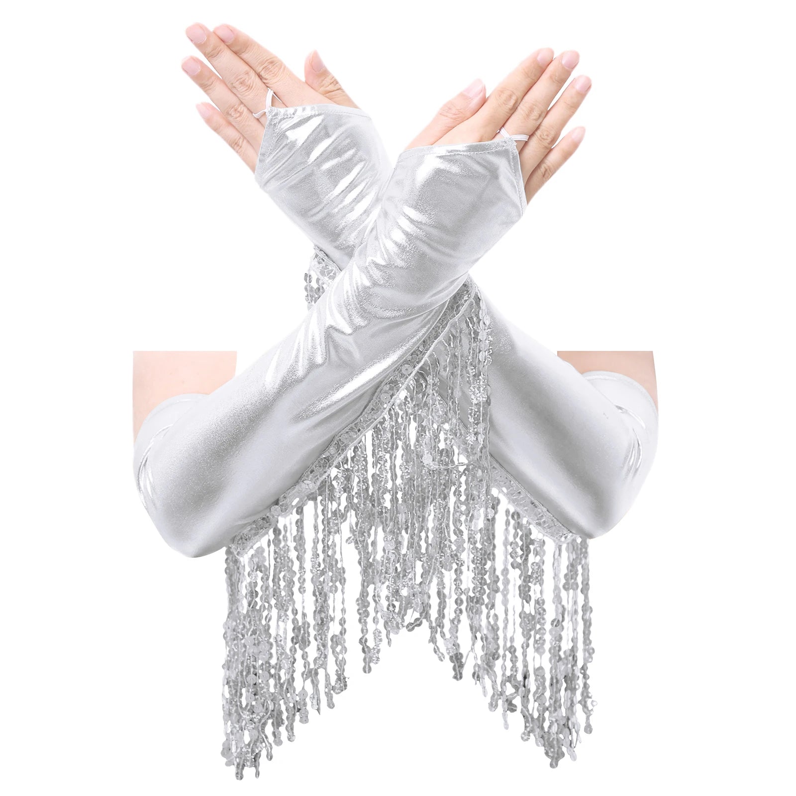 Sequined Fringe Latin Dance & Figure Skating Jumpsuit Leotard Set with Mesh Gloves