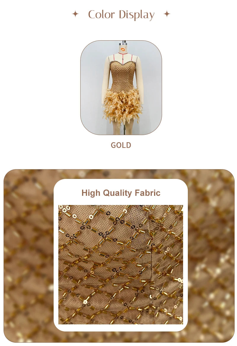 Gold Feather Trim Strapless Mini Dress