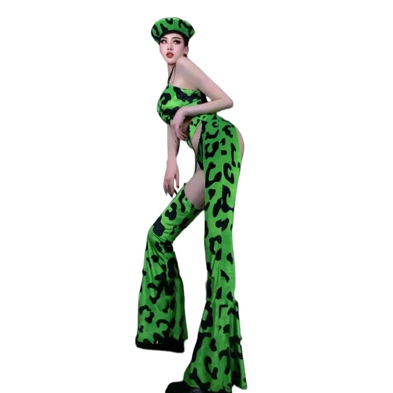 Neon Green Leopard Bikini Top, Wide-Leg Chaps Pants & Hat 4-Piece Stage Dance Costume Set