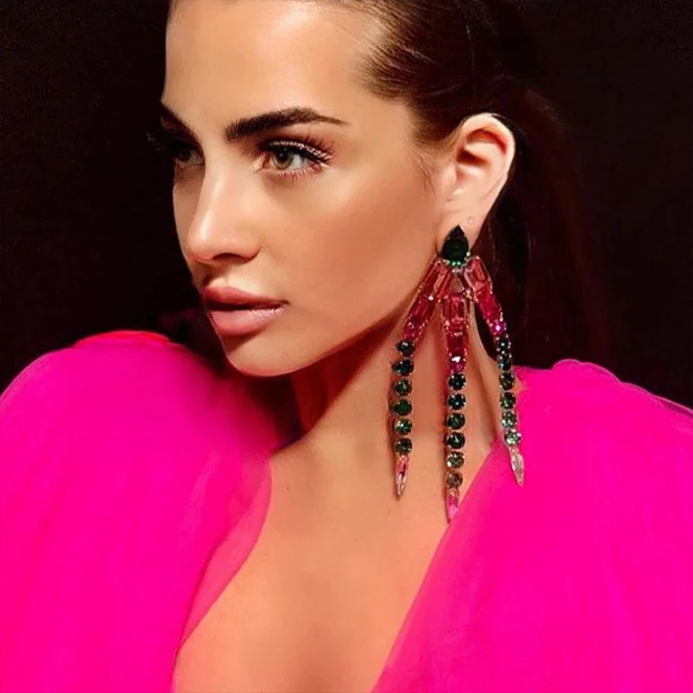 Oversized Colorful Crystal Rhinestone Long Tassel Earrings Drag Queen Stage Jewelry