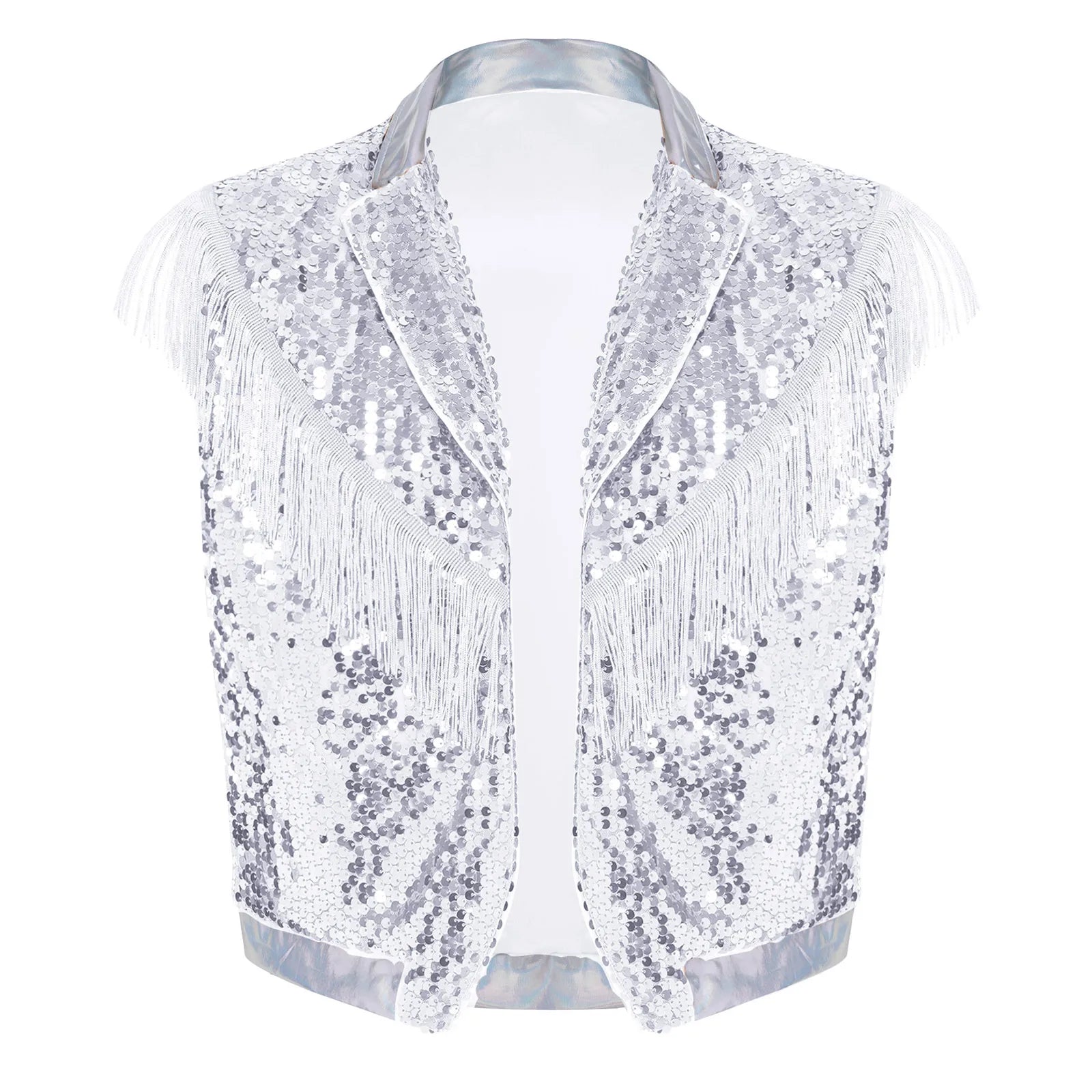Men's Metallic Sequin Tassel Open-Front Vest Lapel Collar Sleeveless Stage Dance Waistcoat