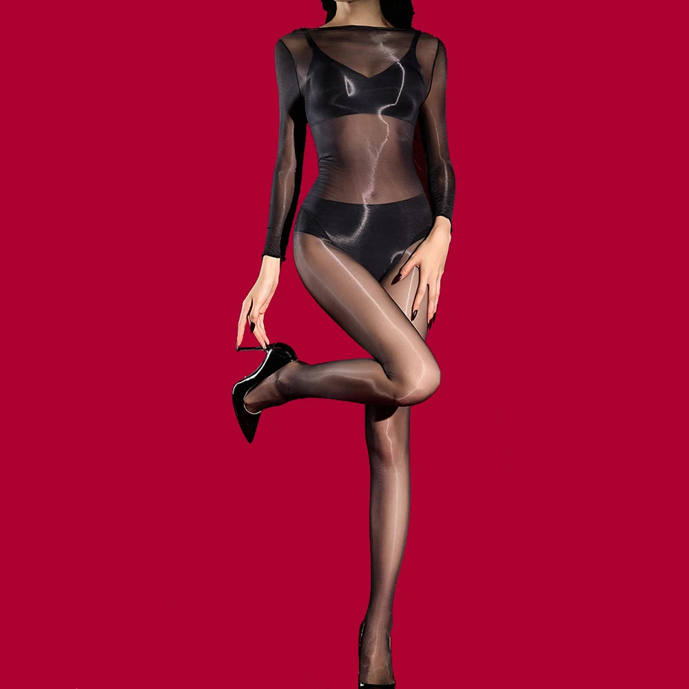 Women 3D 1000 Pin High Density Bodysuit Oil Glossy Shiny Elastic Tights Open Crotch Yoga Shaping Jumpsuit Maid Leotard Leggings