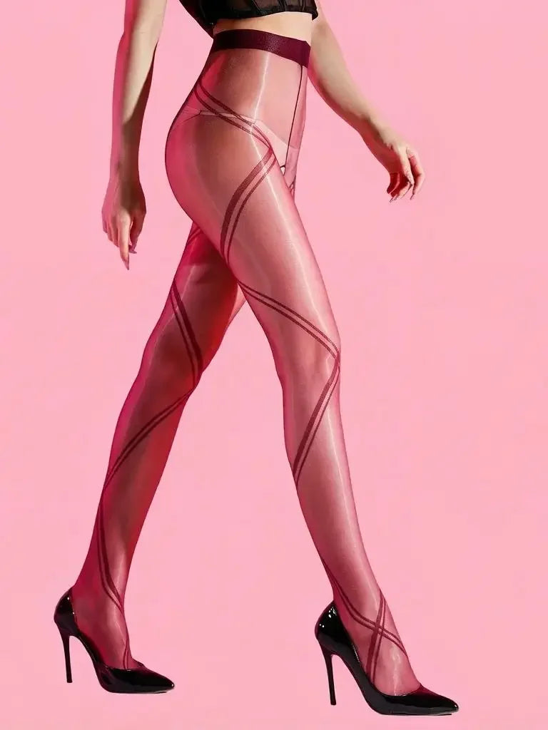 Striped Oil Glossy Sheer High-Waist Shaping Pantyhose Shiny Dance Tights