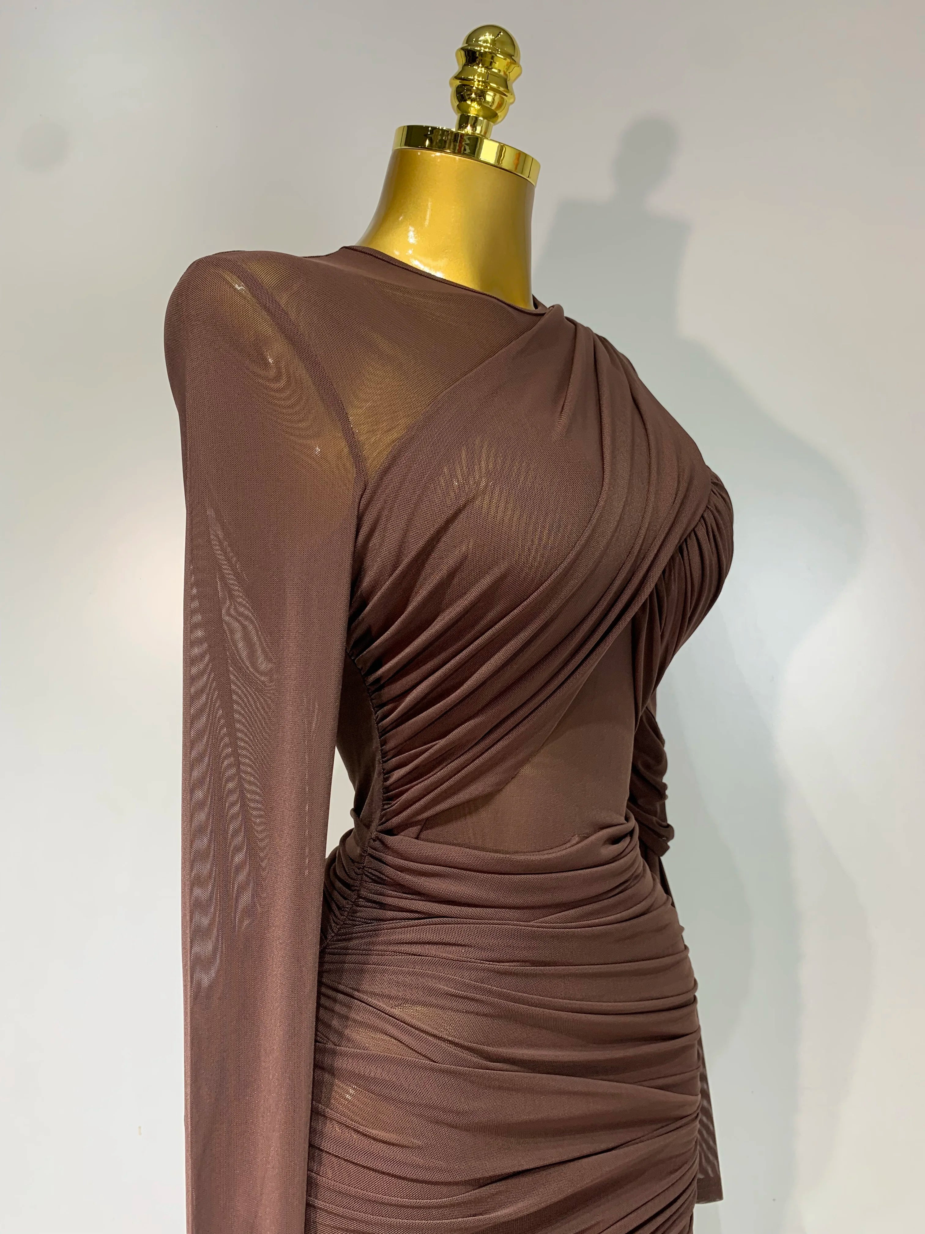 Ruched Mesh Draped Bodycon Maxi Dress Long Sleeve Illusion Evening Gown