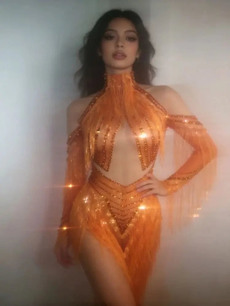 Orange Sparkly Crystal Fringe Bodysuit Off-Shoulder Stage Performance Costume Leotard