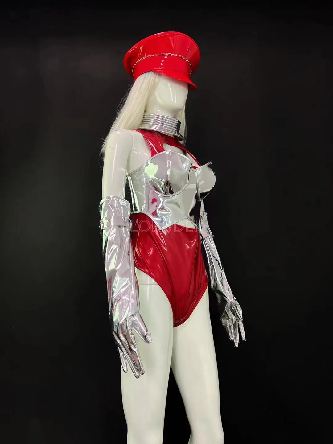 Crimson Red & Laser Silver Foil Bodysuit, Gloves & Beret Hat Stage Dance Costume Set