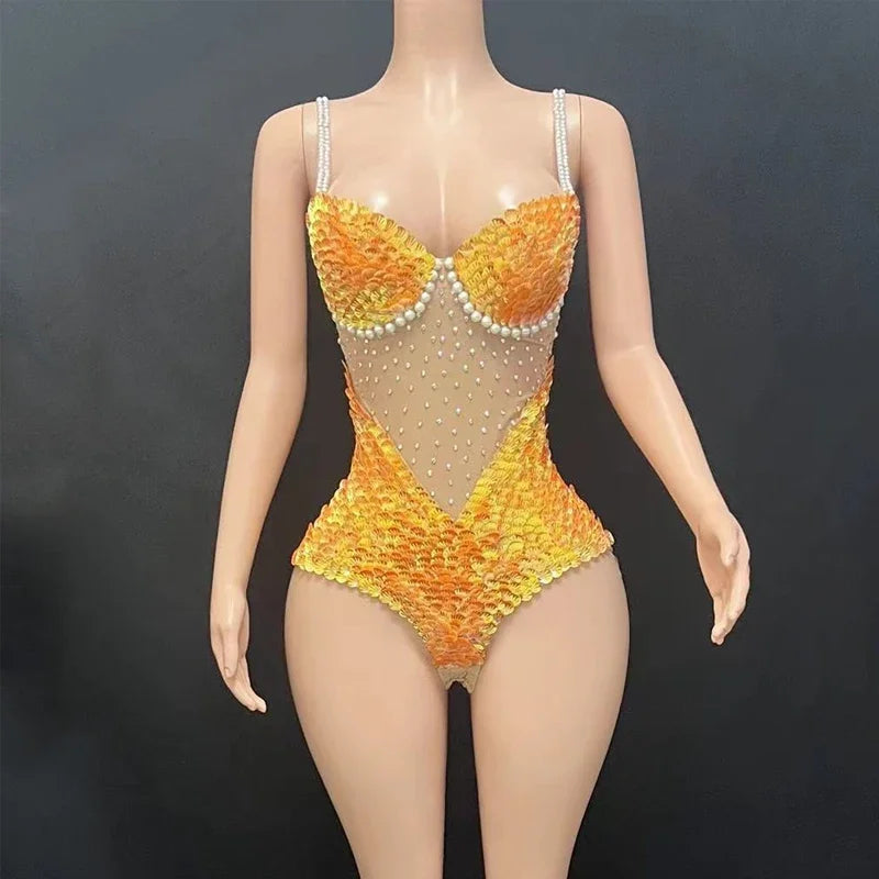 Orange Sequin & Pearl Performance Bodysuit