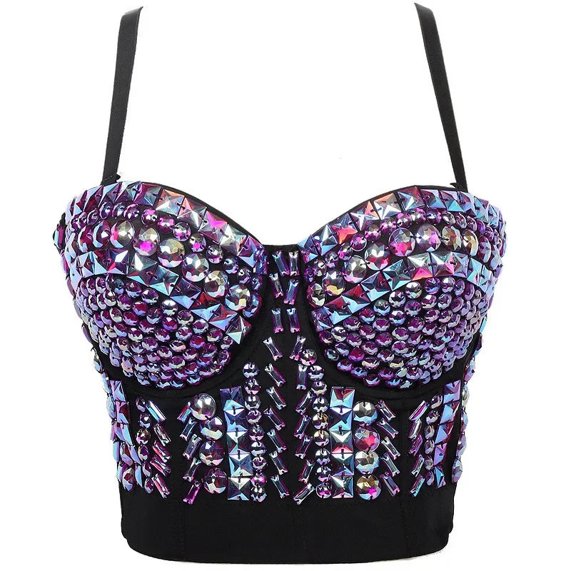Sparkly Diamond Rhinestone Corset Top Showgirl Stage Performance Push-Up Bustier