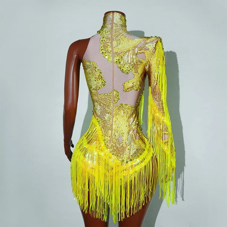 Leopard Sequin Fringe Asymmetrical Bodysuit One-Sleeve Stage Performance Costume