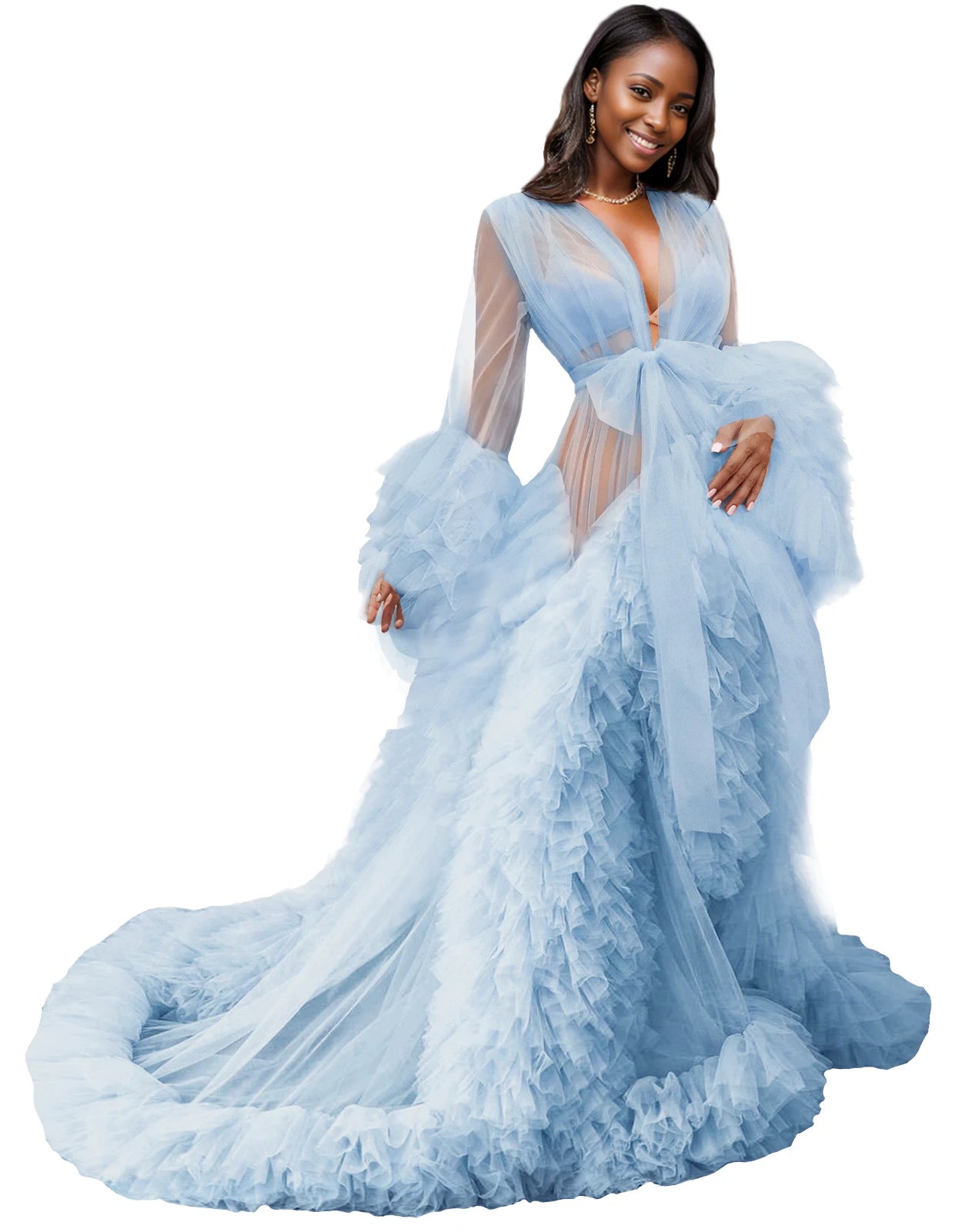 Voluminous Illusion Tulle Ruffle Long Robe Dressing Gown