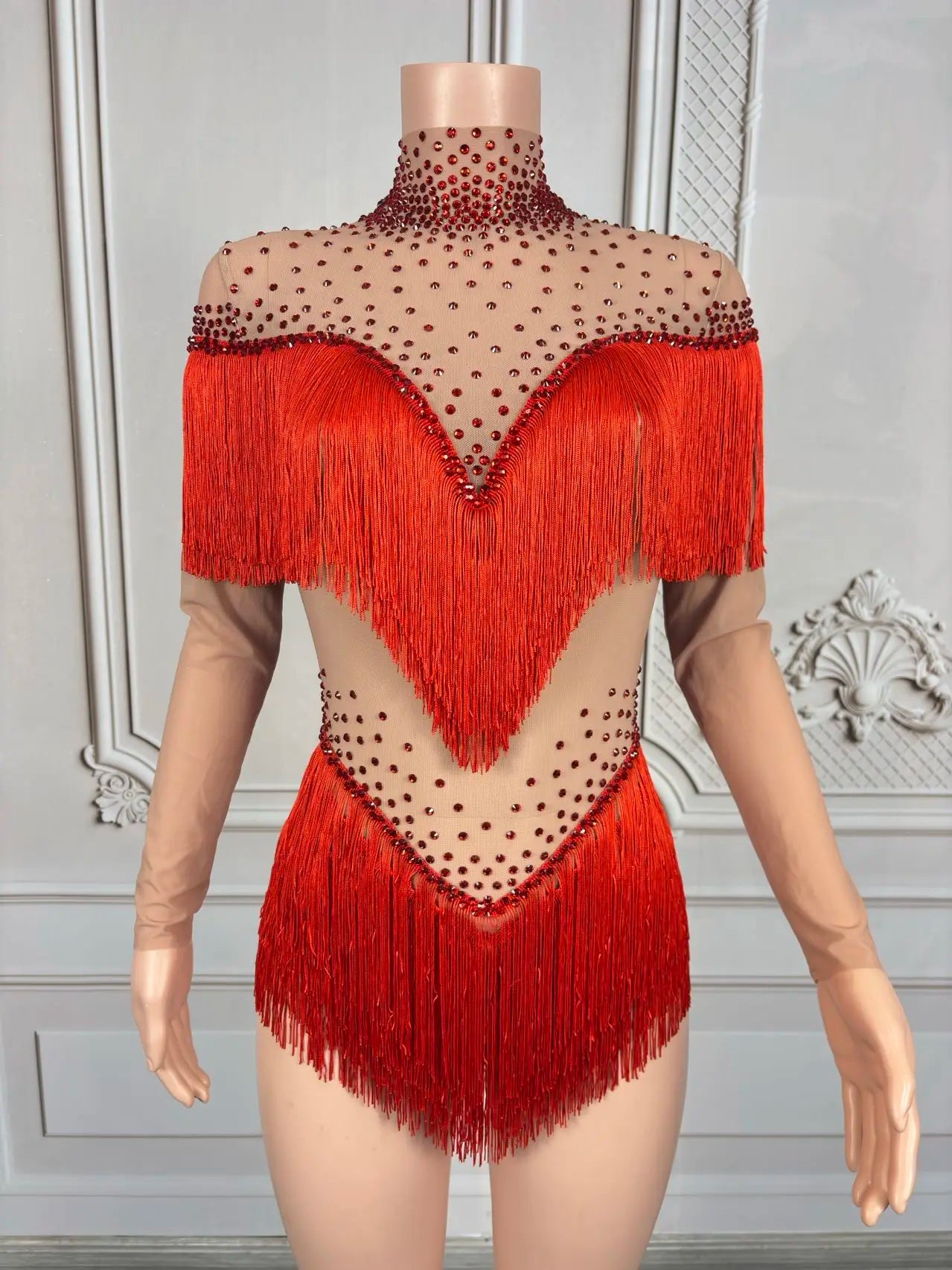 Sparkly Rhinestone Tassel Fringe Dance Performance Costume Stage Bodysuit